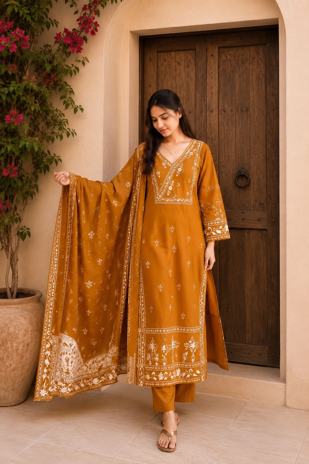 Mustard Ethnic Printed Kurta Set with Dupatta