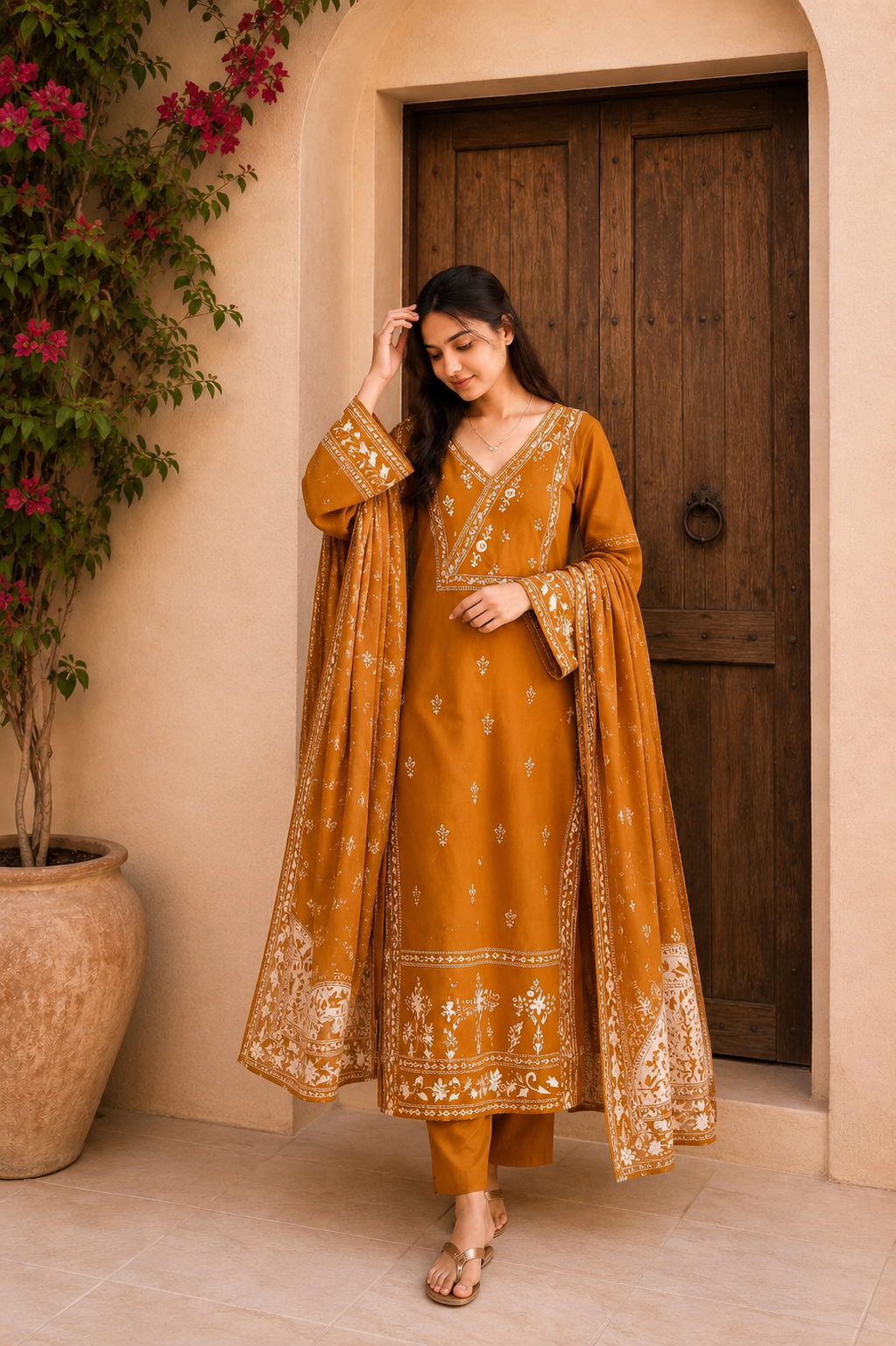 Mustard Ethnic Printed Kurta Set with Dupatta thumbnail 2