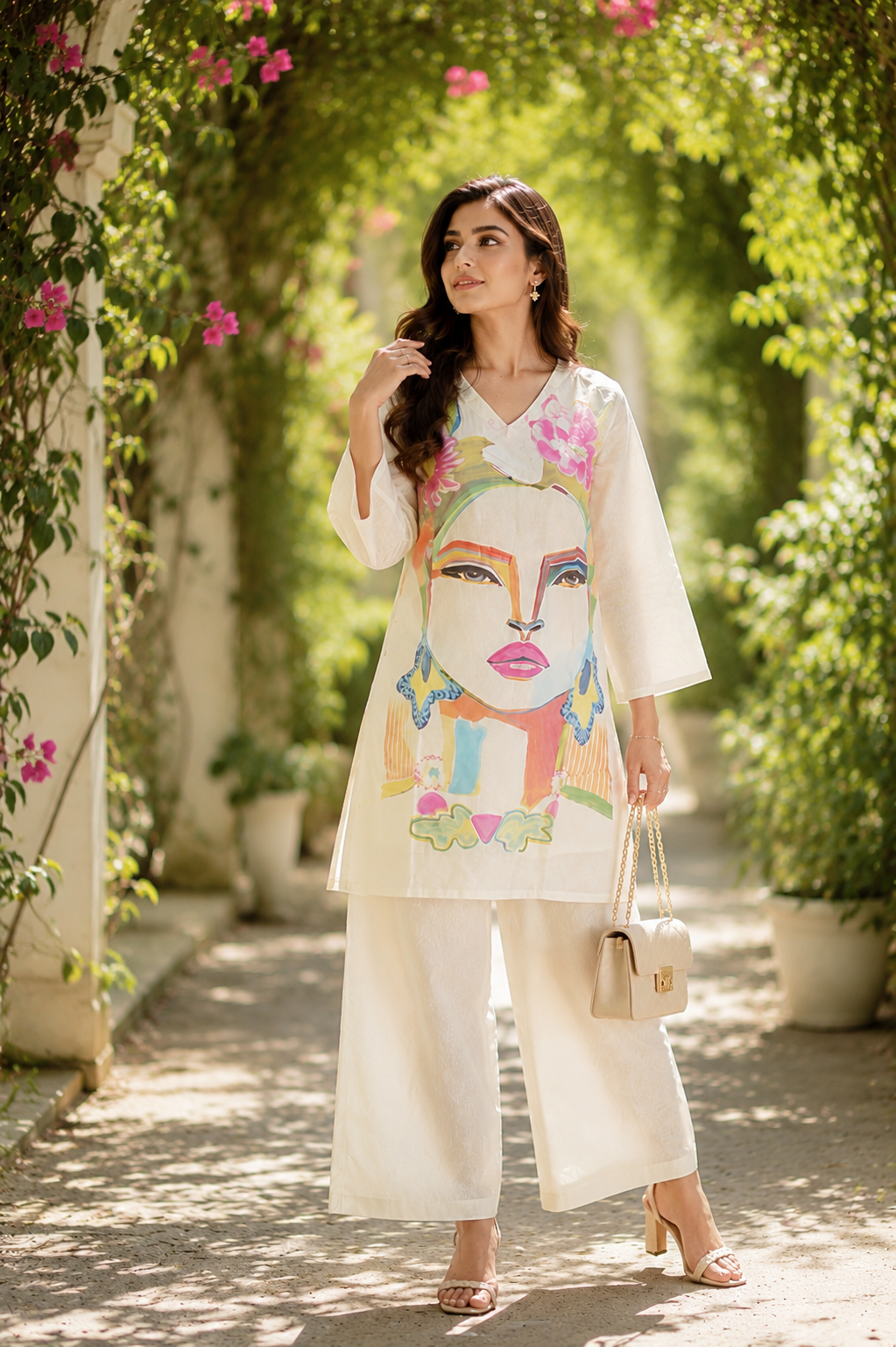 Ivory Abstract Face Print Kurta Co-Ord Set